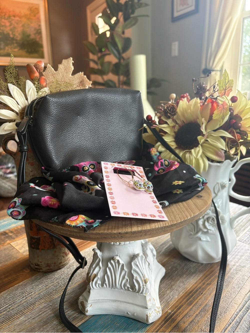 Vera Bradley Black Crossbody Bag + Sugar Skull Scarf + Betsey Johnson Earrings